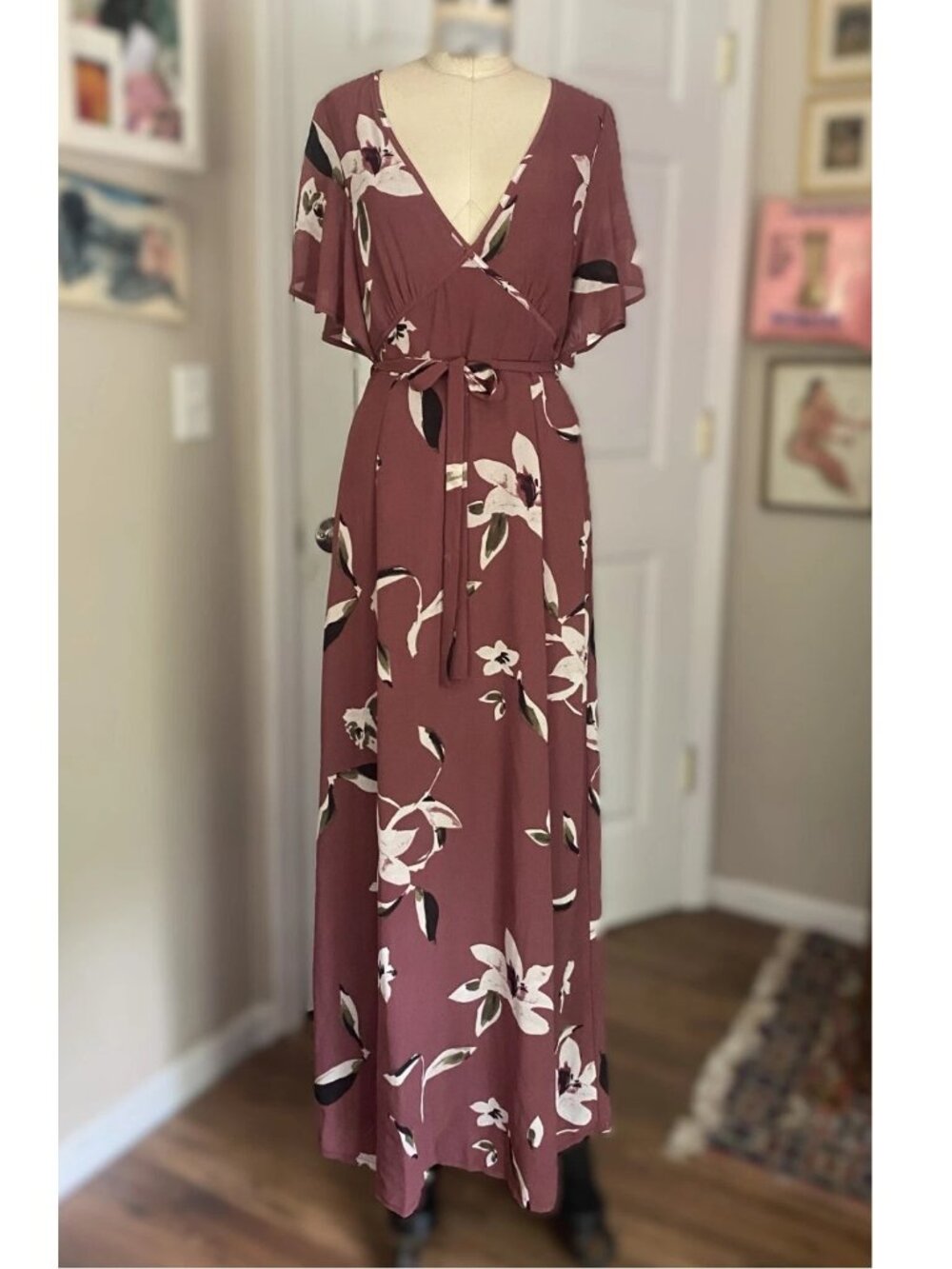 DYNAMITE Floral V-neck Flutter Sleeve Belted Waist mock wrap MAXI Dress *SMALL*
